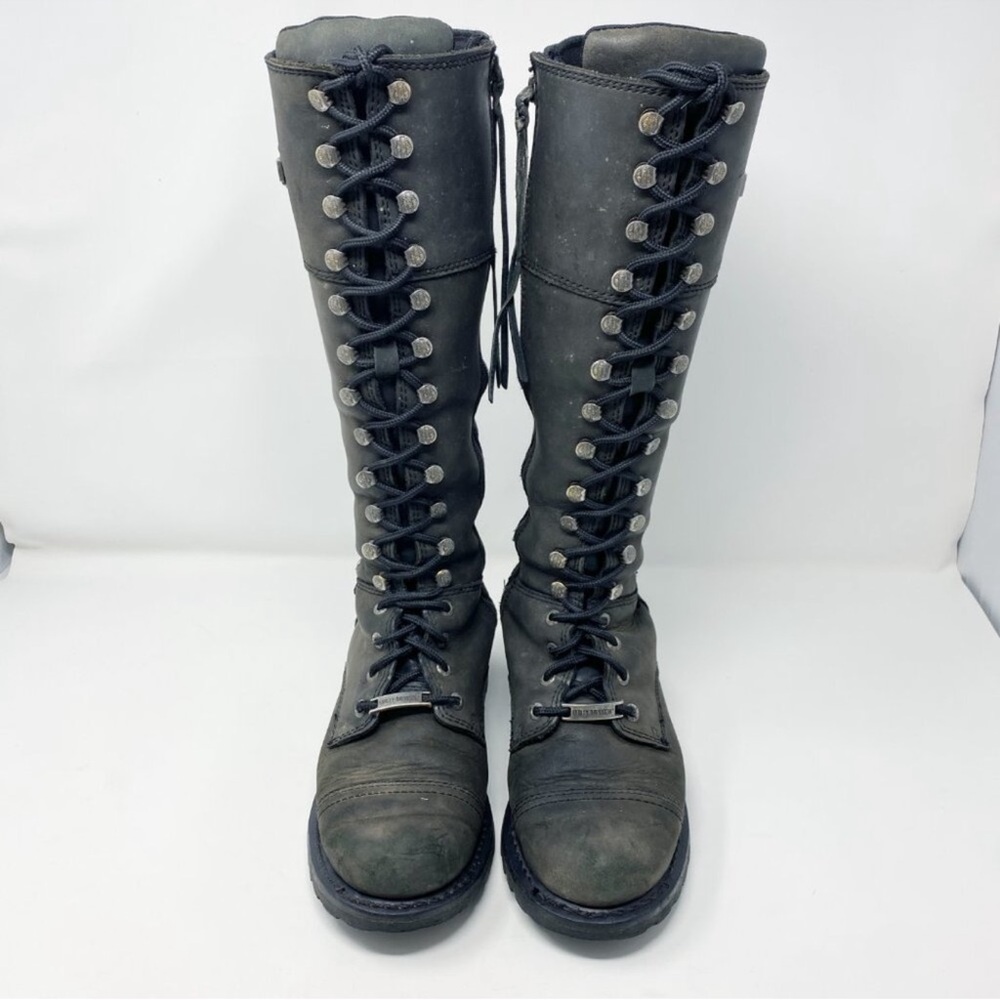 Harley-Davidson Black Oiled Leather Beechwood 15” Motorcycle Boots Sz 7 Lace Up - Picture 10 of 11